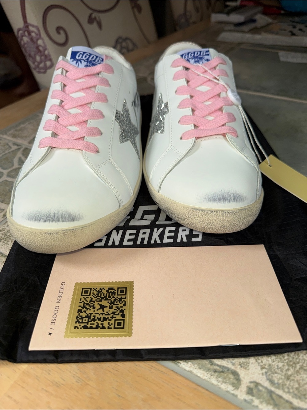 Golden Goose White Sneakers with Pink Laces and Rose Gold Heel